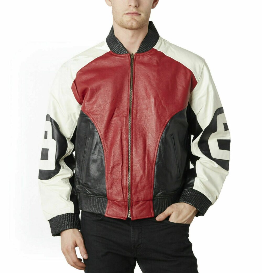 Mens Red 8 Ball Bomber Leather Jacket 01