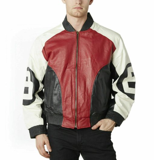 Mens Red 8 Ball Bomber Leather Jacket 01