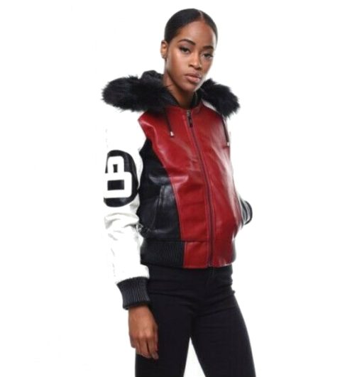 Womens Red 8 Ball Bomber Leather Jacket