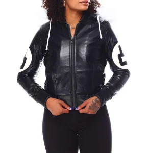 Womens Black 8 Ball Bomber Leather Jacket 01