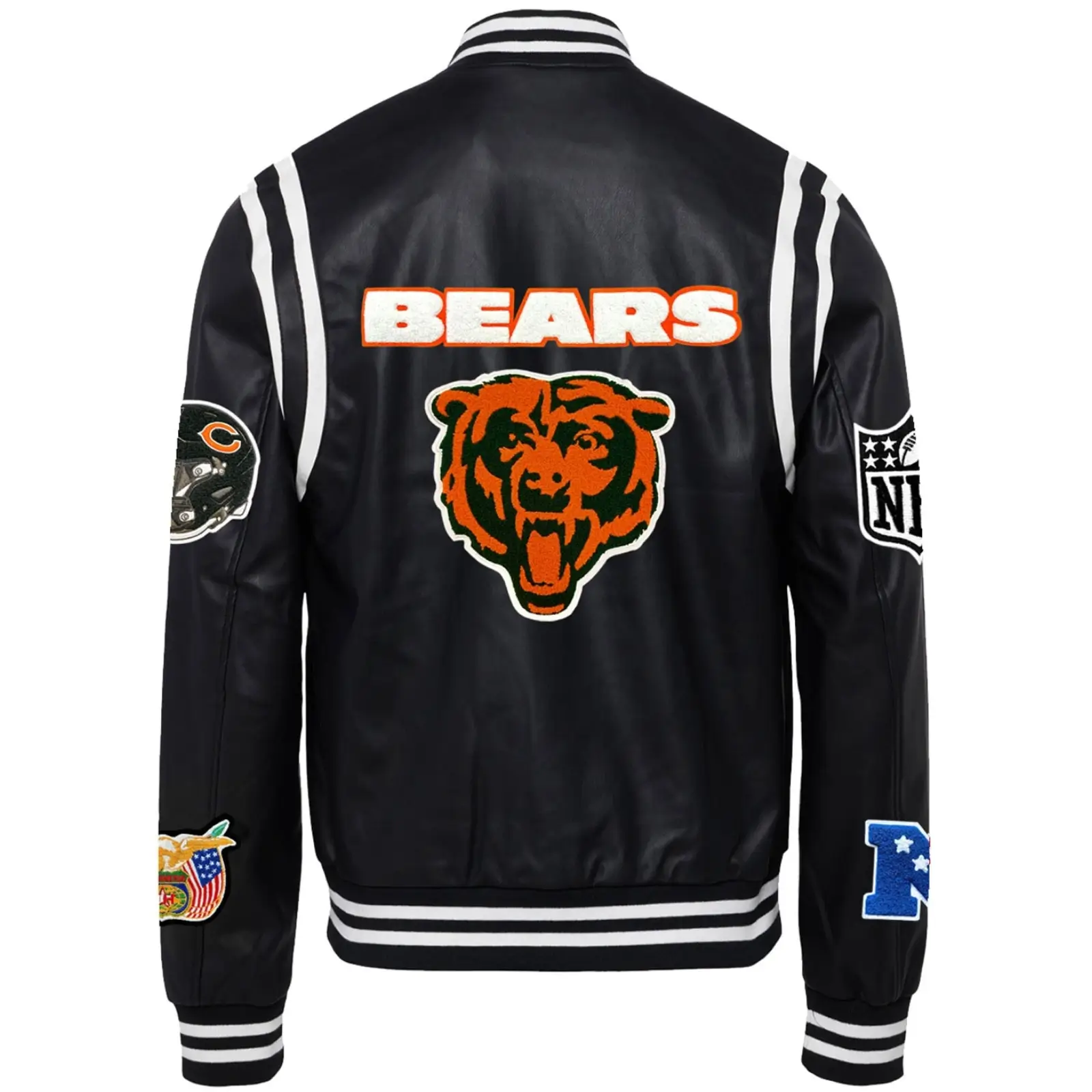 Alternative view of Chicago Bears Jeff Hamilton Full Leather Black Vegan Full-Snap Leather Varsity Jacket