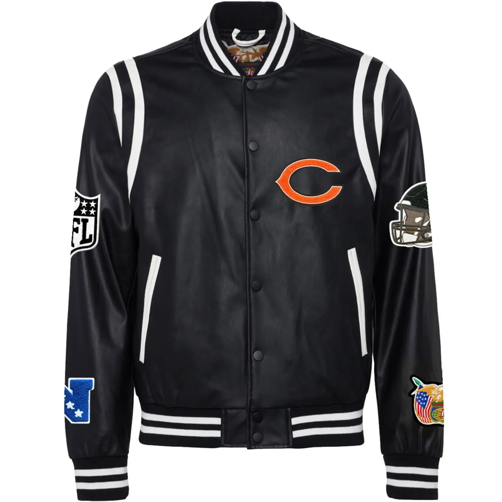 Chicago Bears Jeff Hamilton Full Leather Black Vegan Full-Snap Leather Varsity Jacket