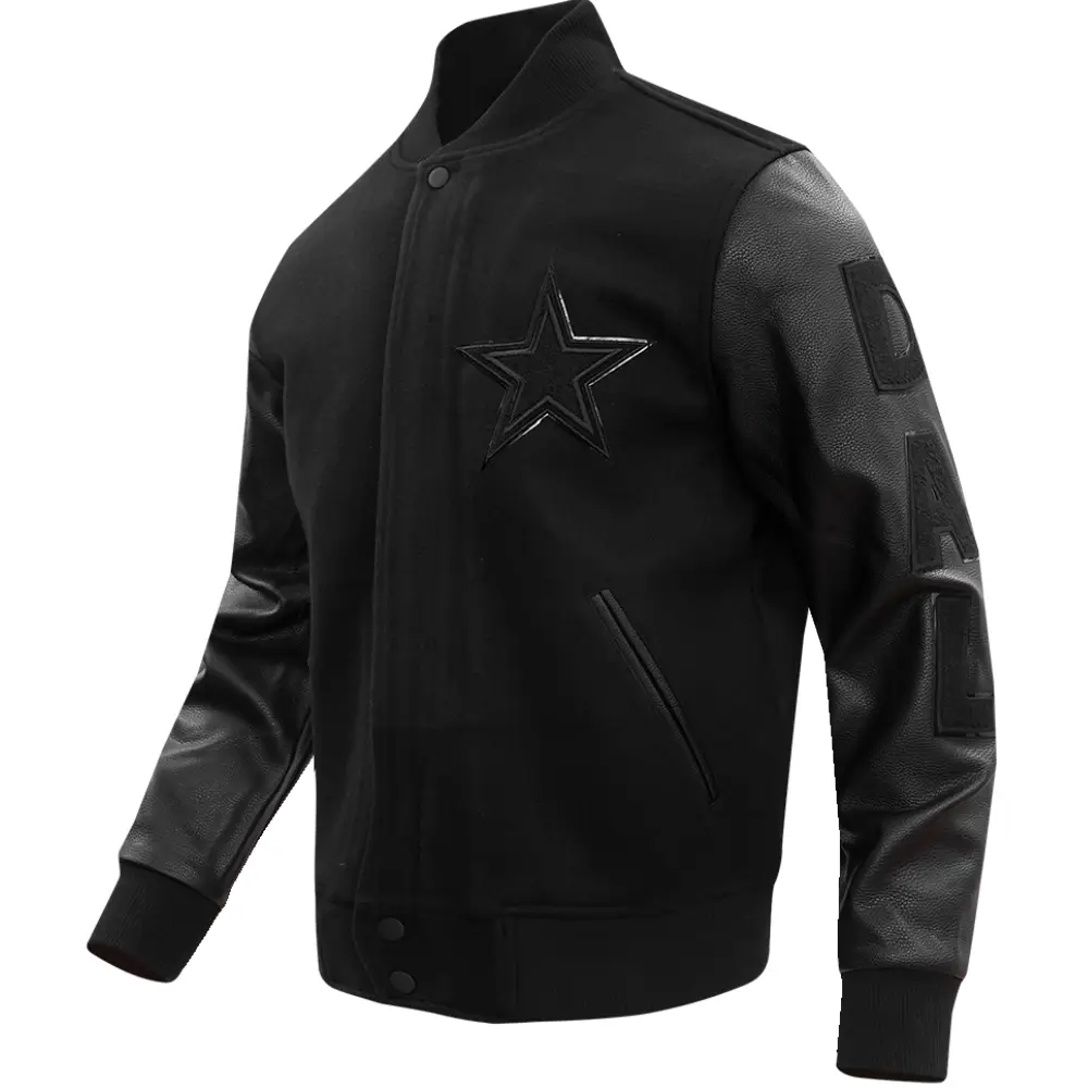 Dallas Cowboys Domestic Triple Black Wool & Leather Varsity Jacket (Sale) - Image 3