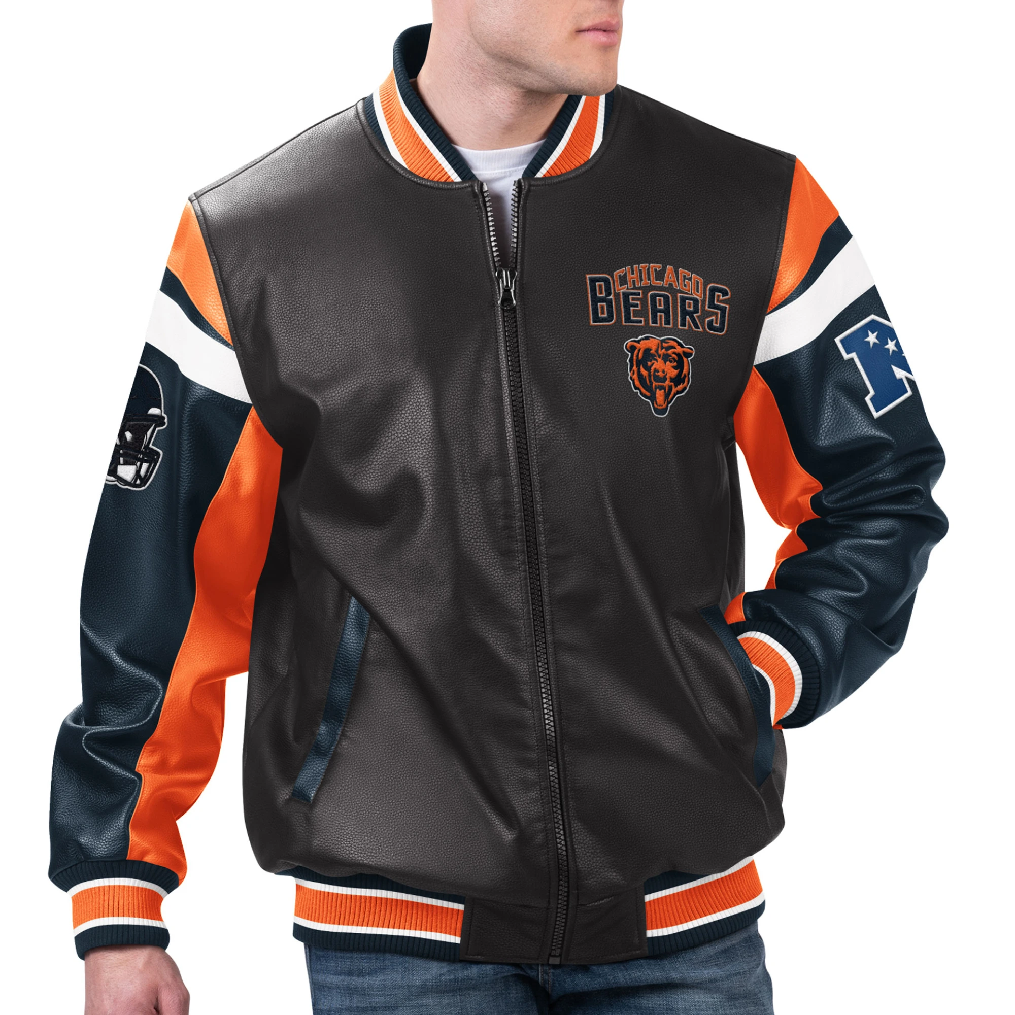 Chicago Bears Full-Zip Leather Black Varsity Jacket