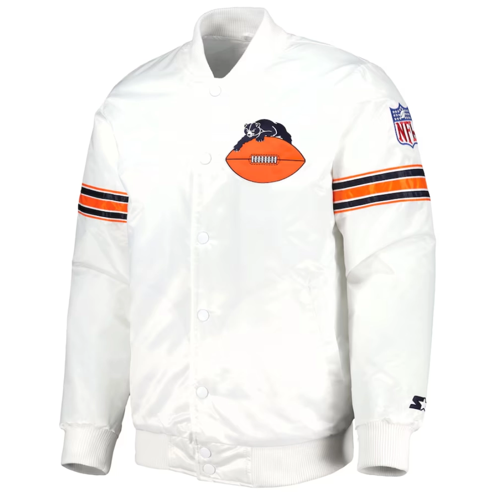 Chicago Bears Power Forward Full-Snap Satin White Varsity Jacket