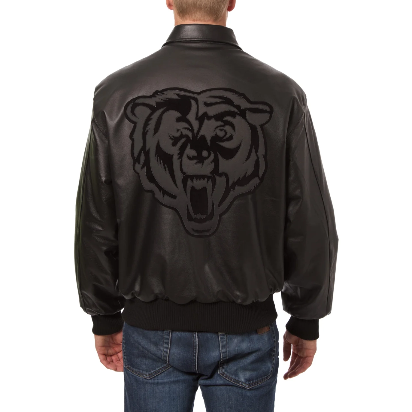 Alternative view of Chicago Bears Tonal Shirt Collar Full Leather Black Bomber Jacket