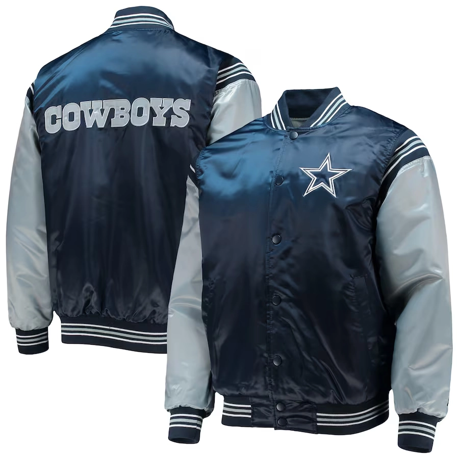Dallas Cowboys Enforcer Full-Snap Satin Navy/Gray Varsity Jacket - Image 4