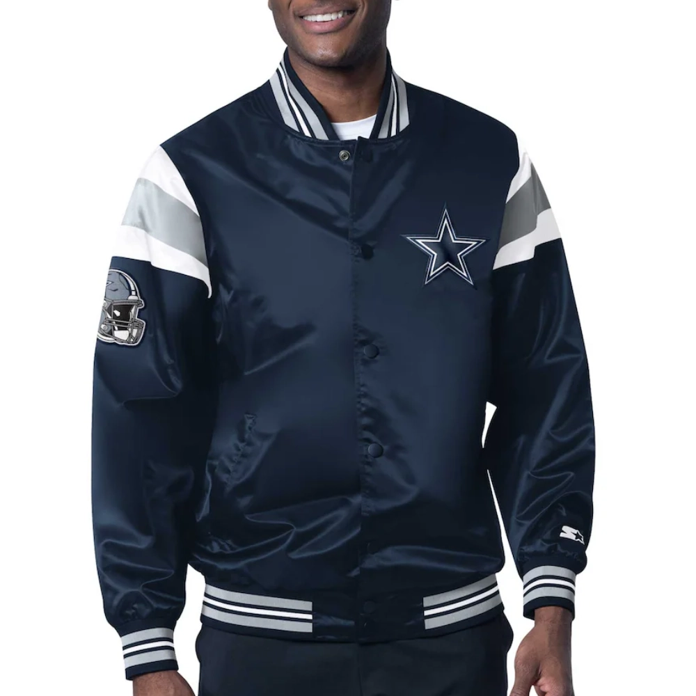 Dallas Cowboys Full-Snap Satin Navy Varsity Jacket