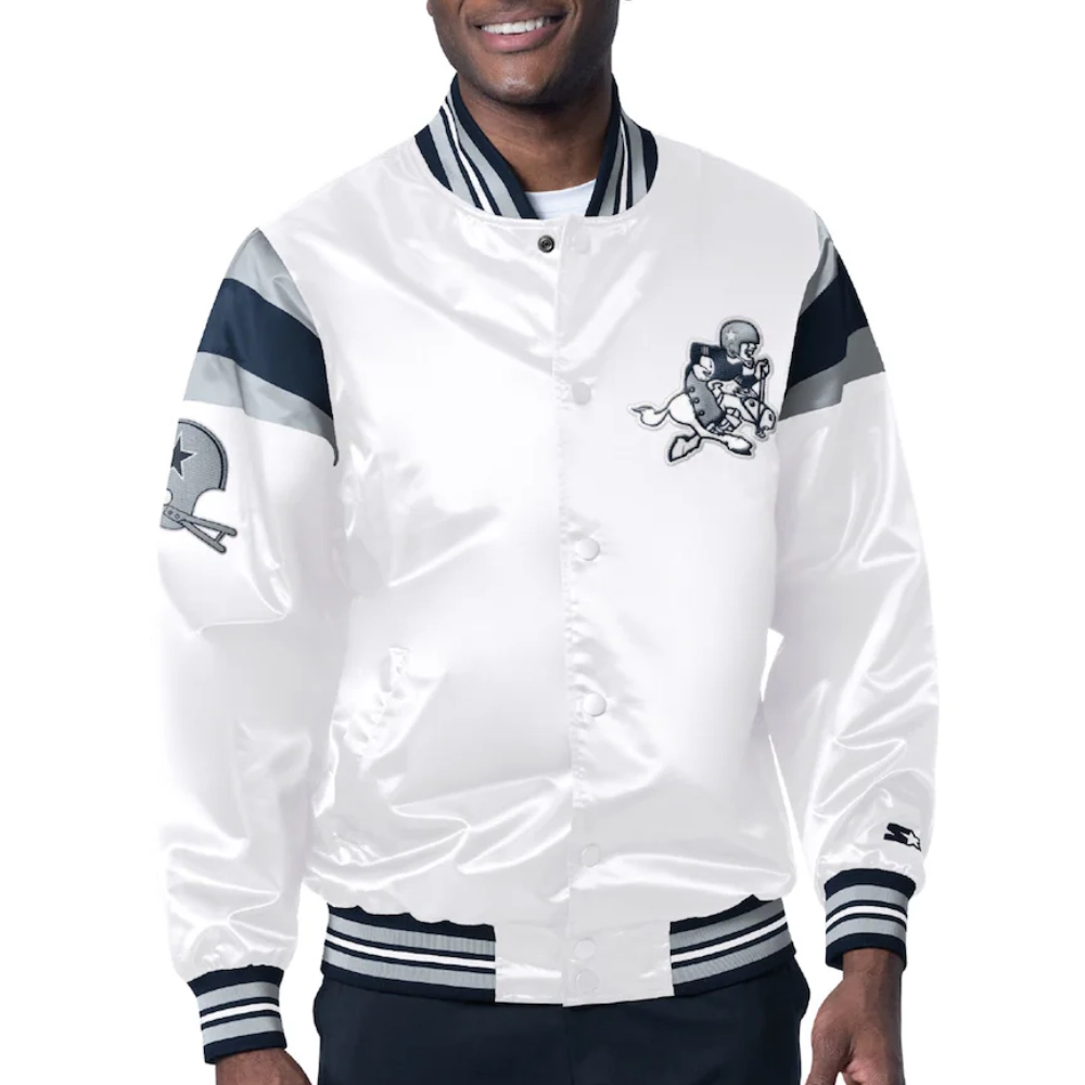 Dallas Cowboys Full-Snap Satin White Varsity Jacket