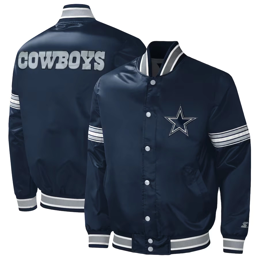 Dallas Cowboys Midfield Full-Snap Satin Navy Varsity Jacket - Image 3