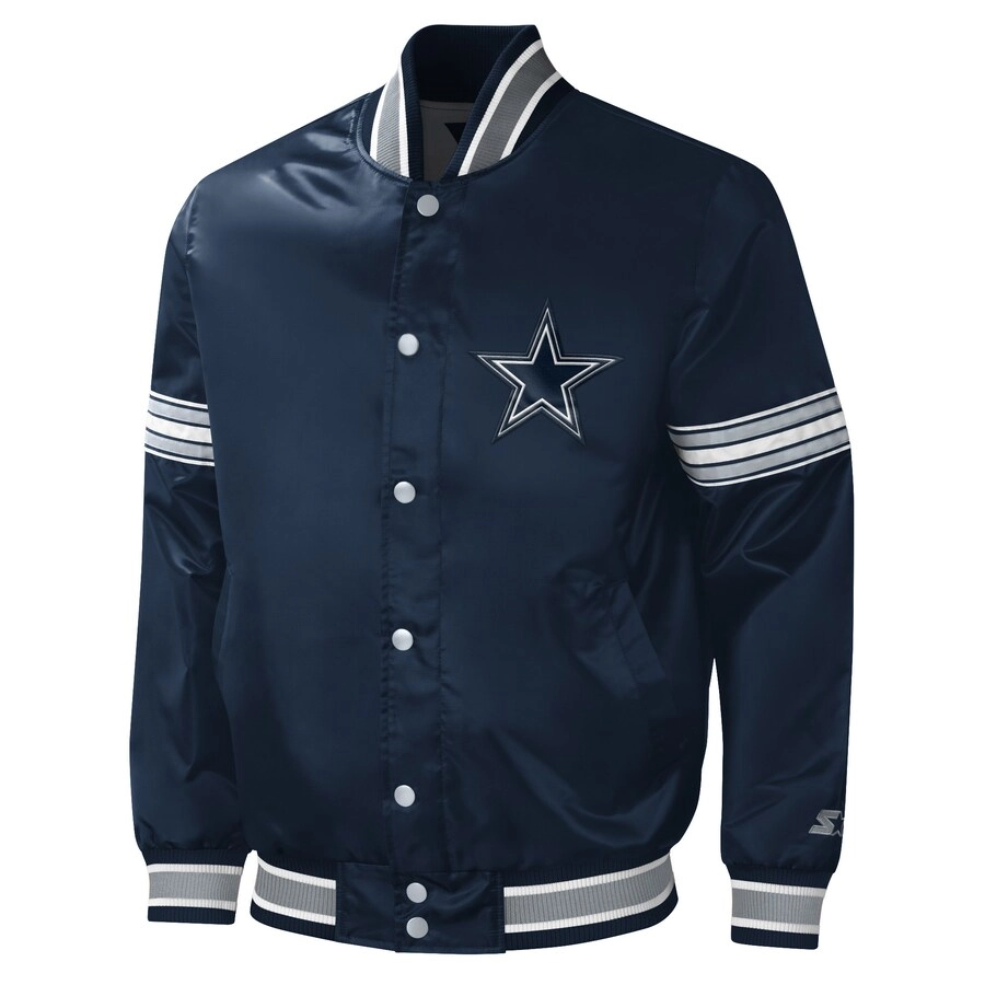 Dallas Cowboys Midfield Full-Snap Satin Navy Varsity Jacket