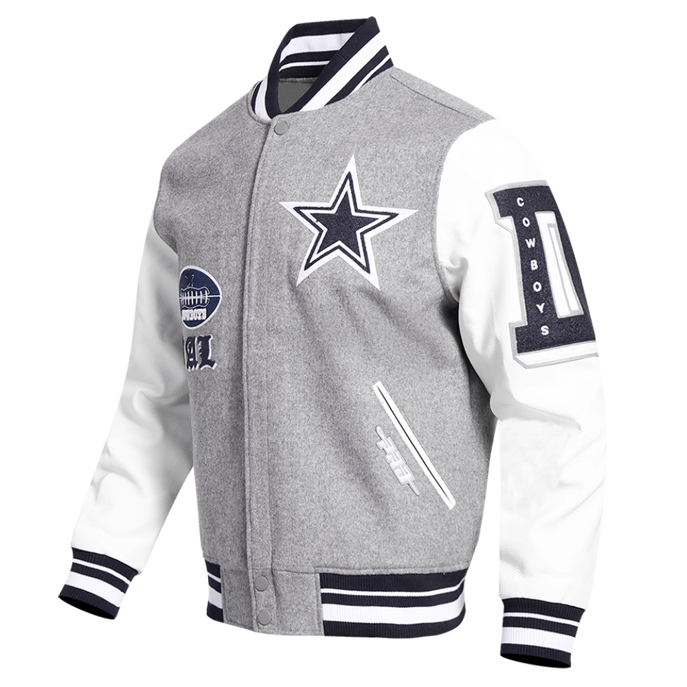 Alternative view of Dallas Cowboys Old English Wool & Leather Gray/White Varsity Jacket