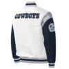 Dallas Cowboys Pitch Full-Snap Satin White/Navy Varsity Jacket - Image 2