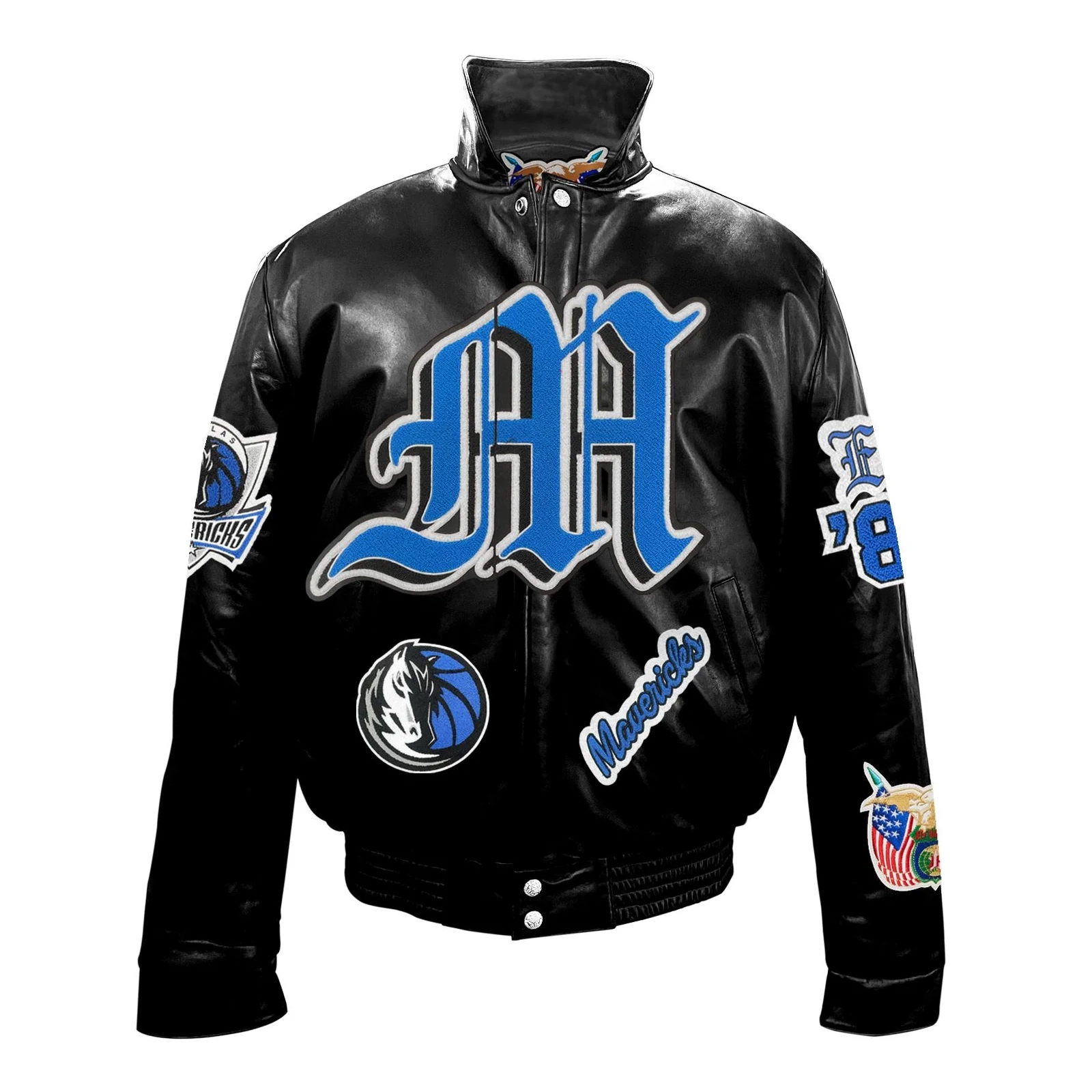 Dallas Mavericks Puffer Old English Full Leather Jacket - Black