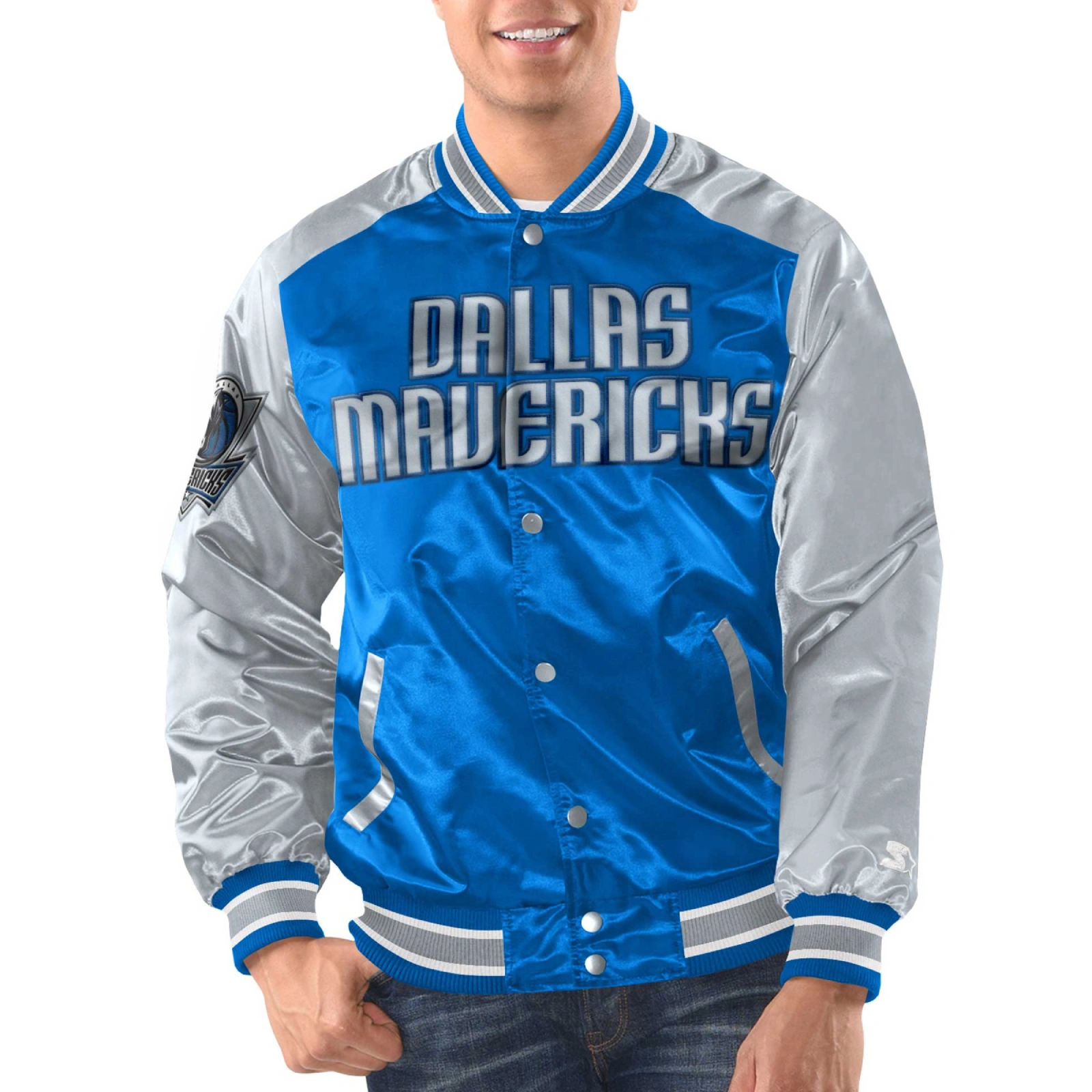 Dallas Mavericks Renegade Blue/Silver Satin Varsity Jacket