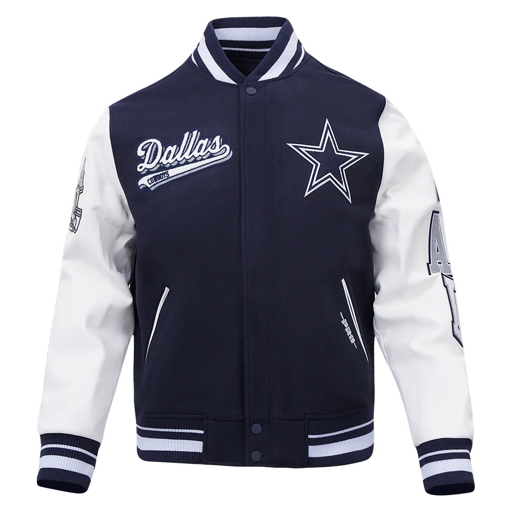Dallas Cowboys Script Tail Rib Wool & Leather Navy/White Varsity Jacket