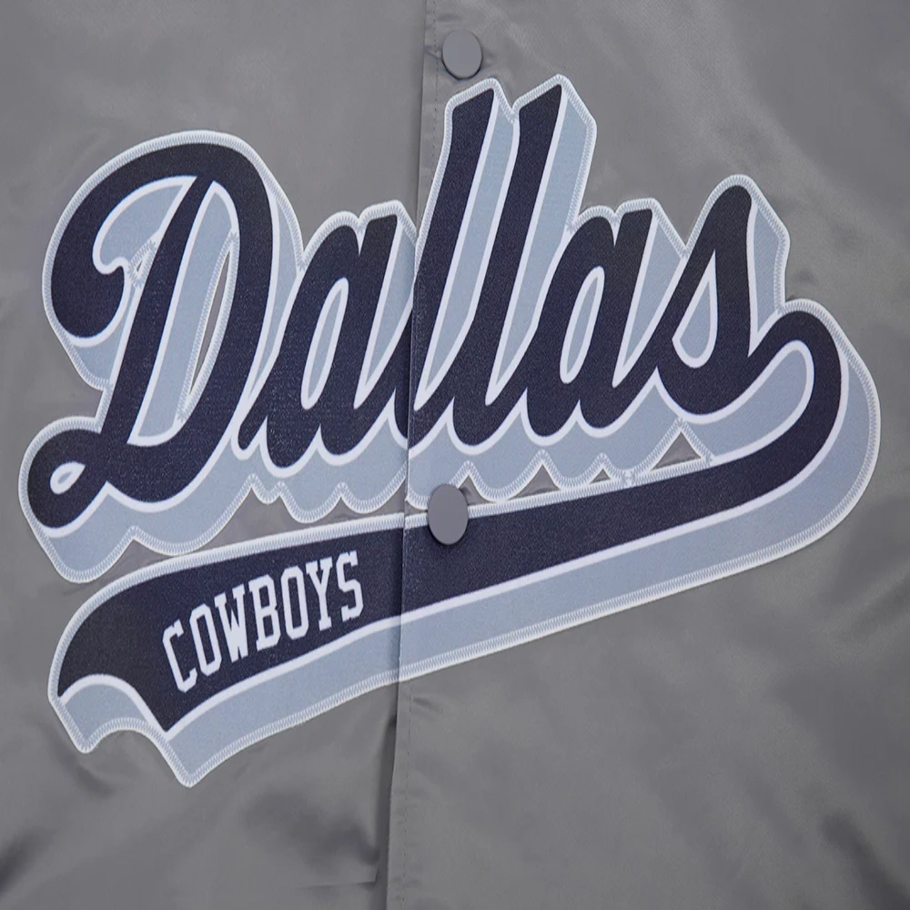 Dallas Cowboys Script Tail Satin Gray Varsity Jacket - Image 4