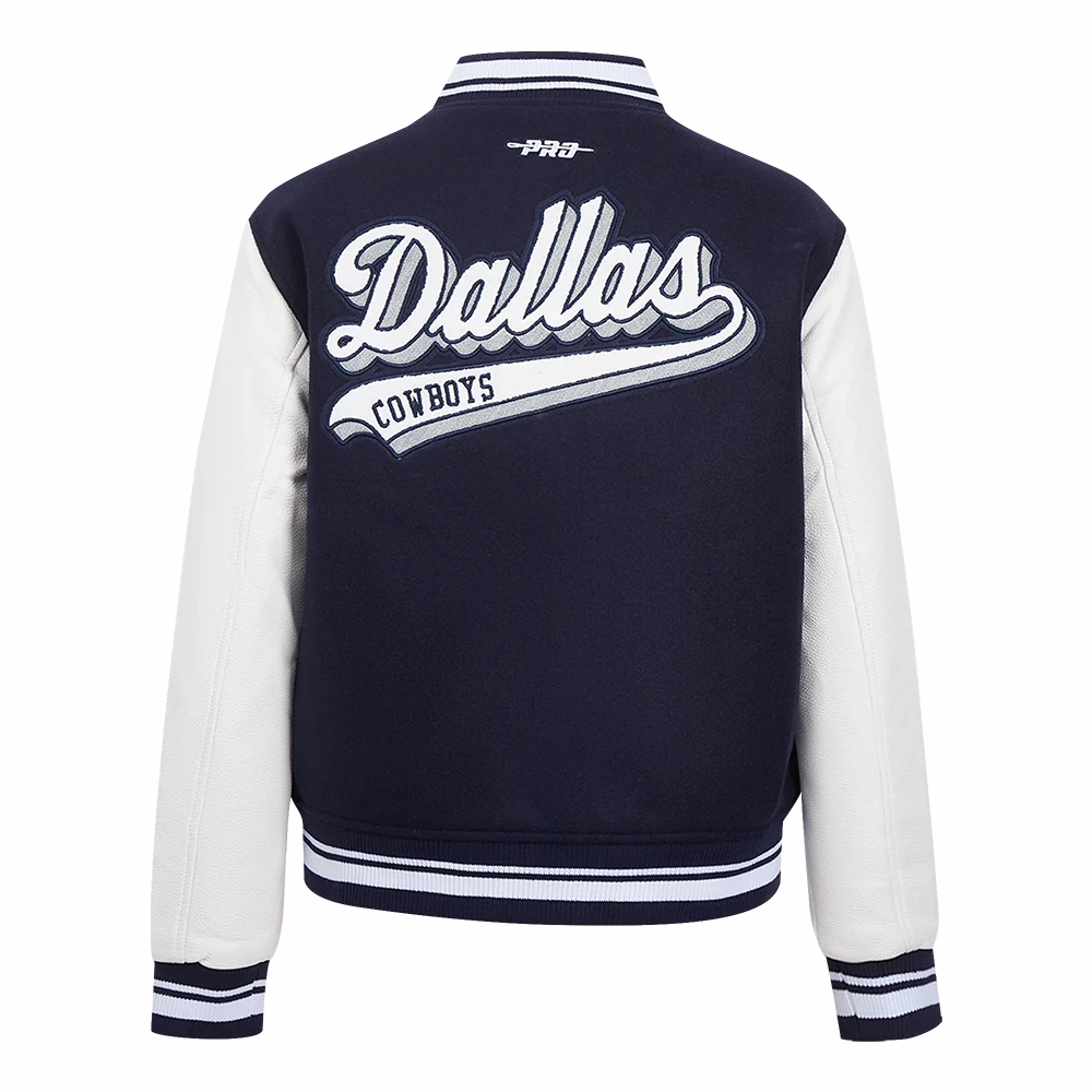 Alternative view of Dallas Cowboys Script Tail Women’s Wool & Leather Navy/White Varsity Jacket