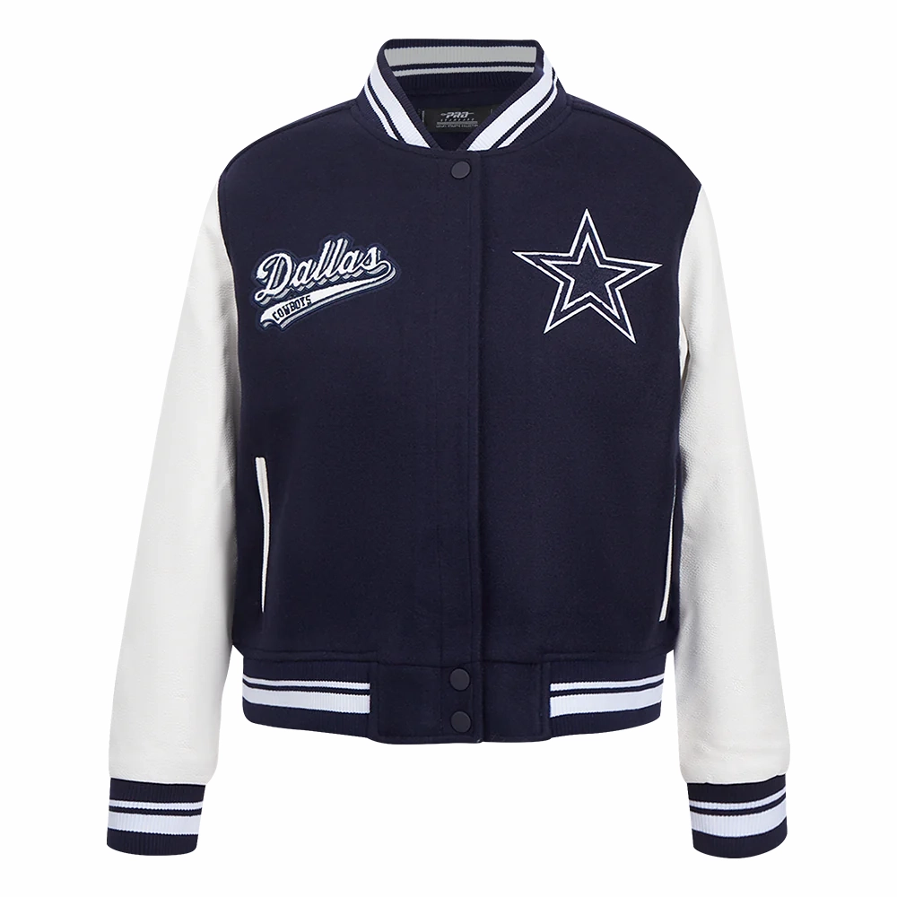 Dallas Cowboys Script Tail Women’s Wool & Leather Navy/White Varsity Jacket