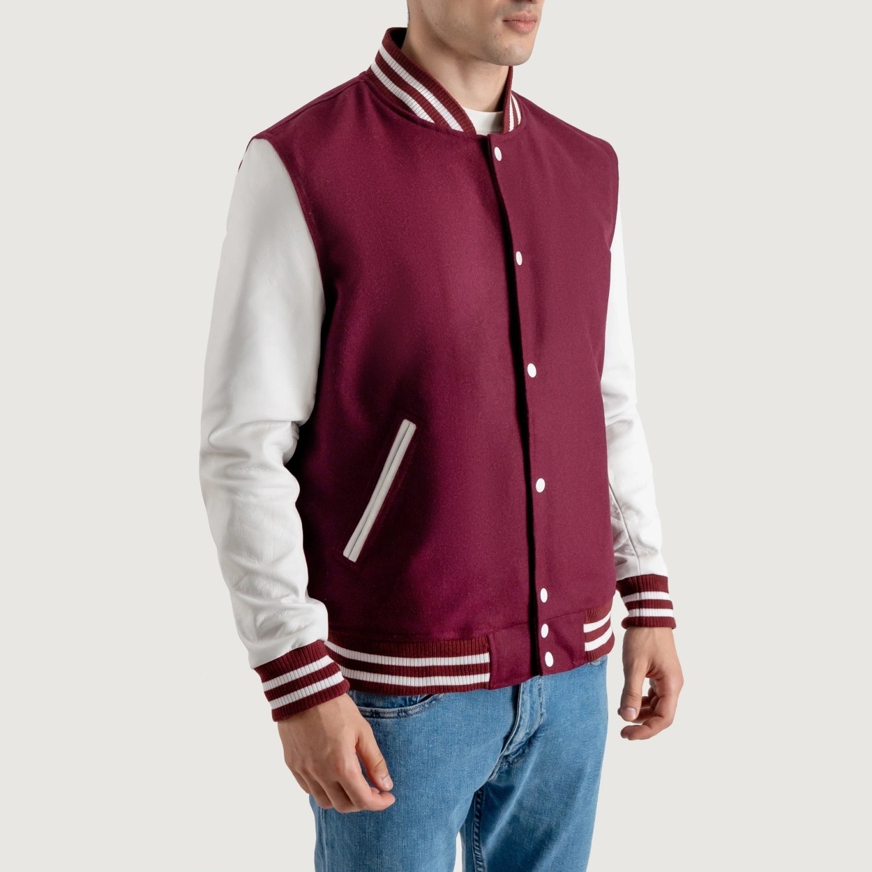Alternative view of Burgundy Maroon and White Varsity Letterman Jacket