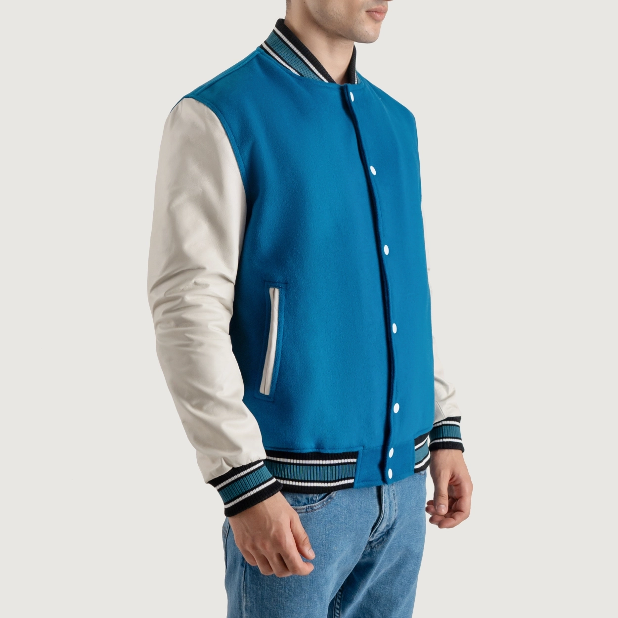 Alternative view of Deep Mid Sky Blue and White Varsity Letterman Jacket