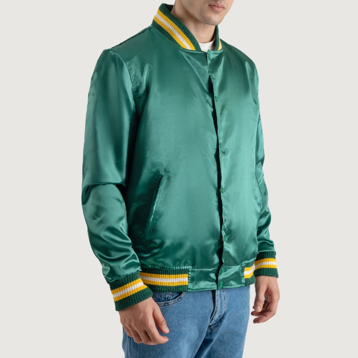 Alternative view of Forest Green Satin Letterman Jacket with Yellow Stripes