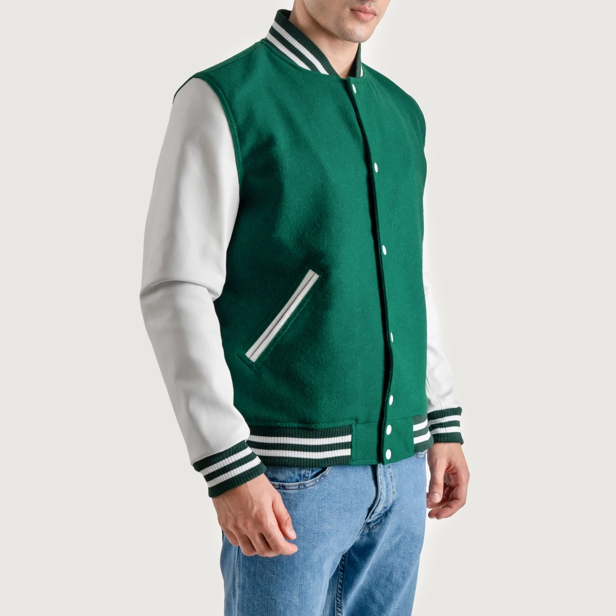Alternative view of Kelly Green and White Varsity Letterman Jacket