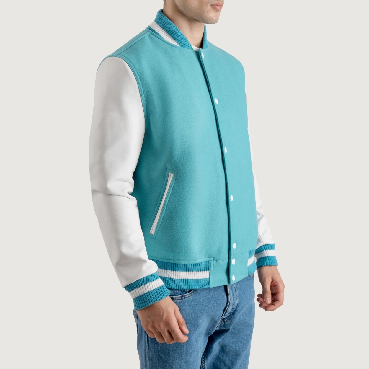 Alternative view of Teal Aqua and White Varsity Letterman Jacket