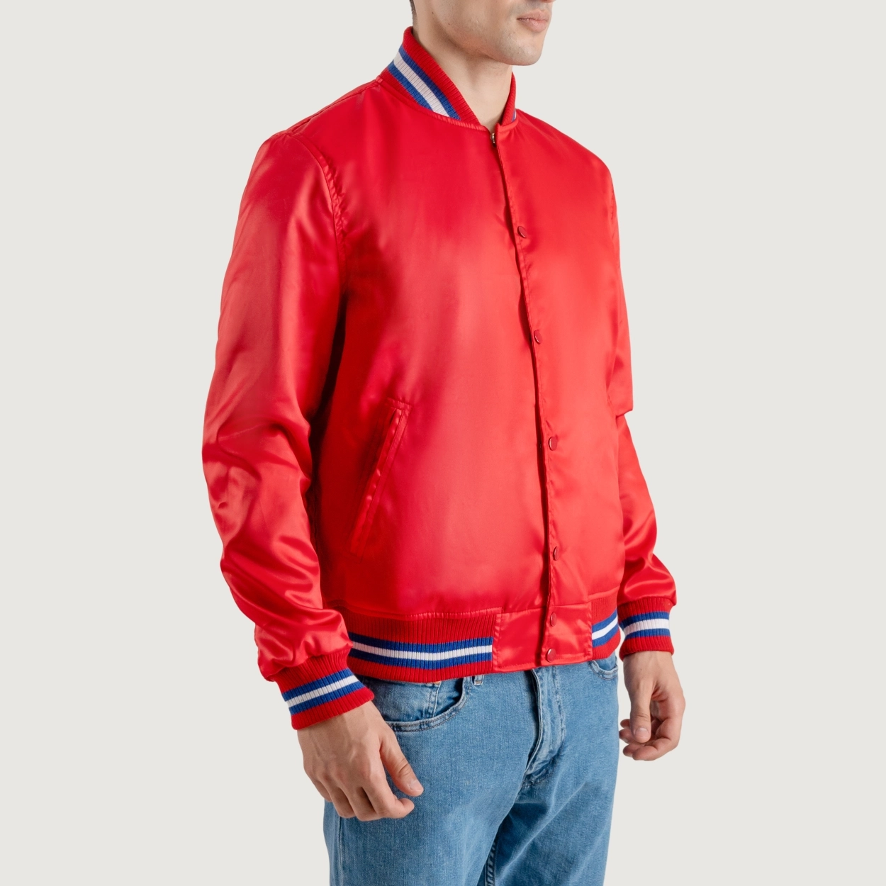 Alternative view of Red Satin Letterman Jacket with White Stripes