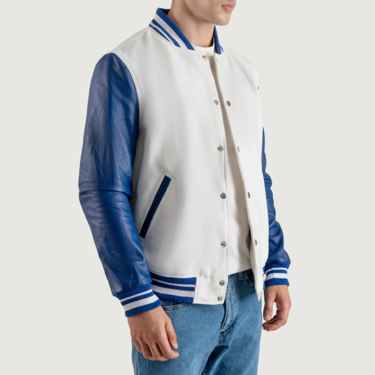 Alternative view of White and Blue Varsity Letterman Jacket