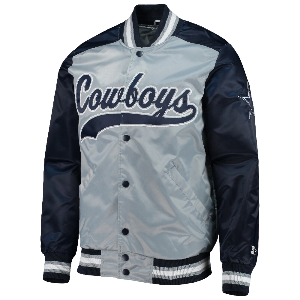 Dallas Cowboys The Tradition II Gray/Navy Satin Varsity Jacket