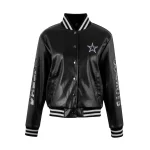 Dallas Cowboys Woman's Metallic Bomber Black Leather Jacket