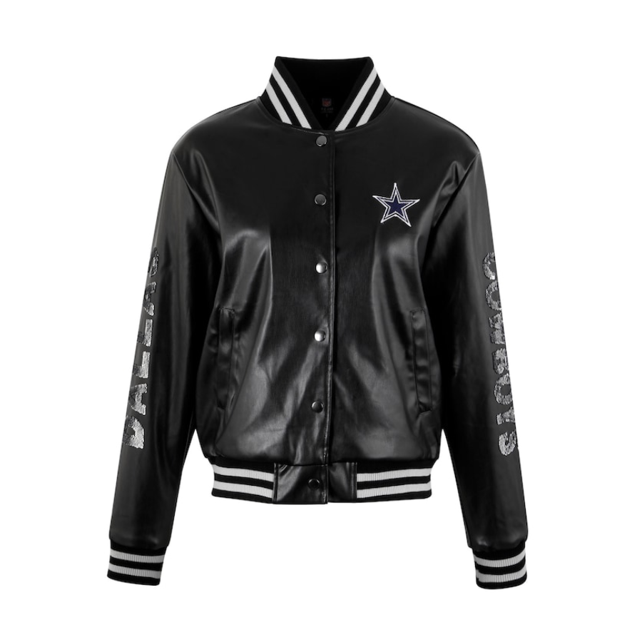 Dallas Cowboys Woman's Metallic Bomber Black Leather Jacket