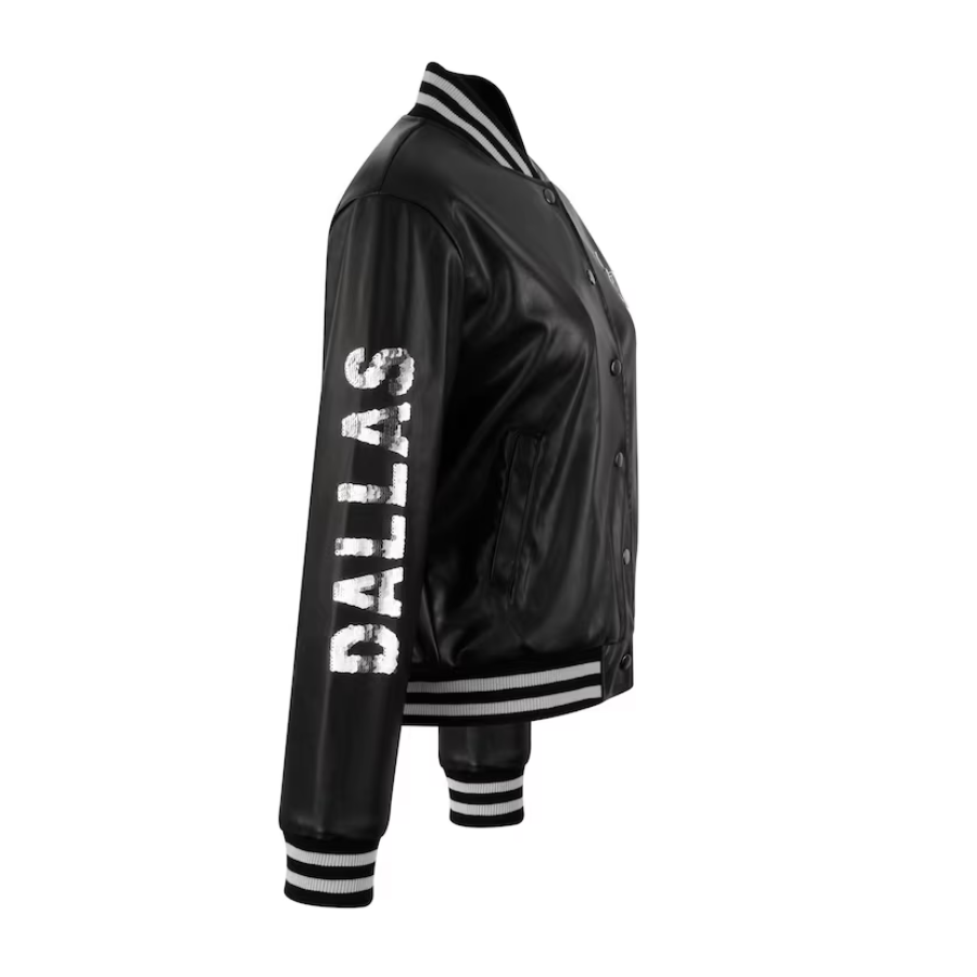 Dallas Cowboys Woman's Metallic Bomber Black Leather Jacket - Image 3