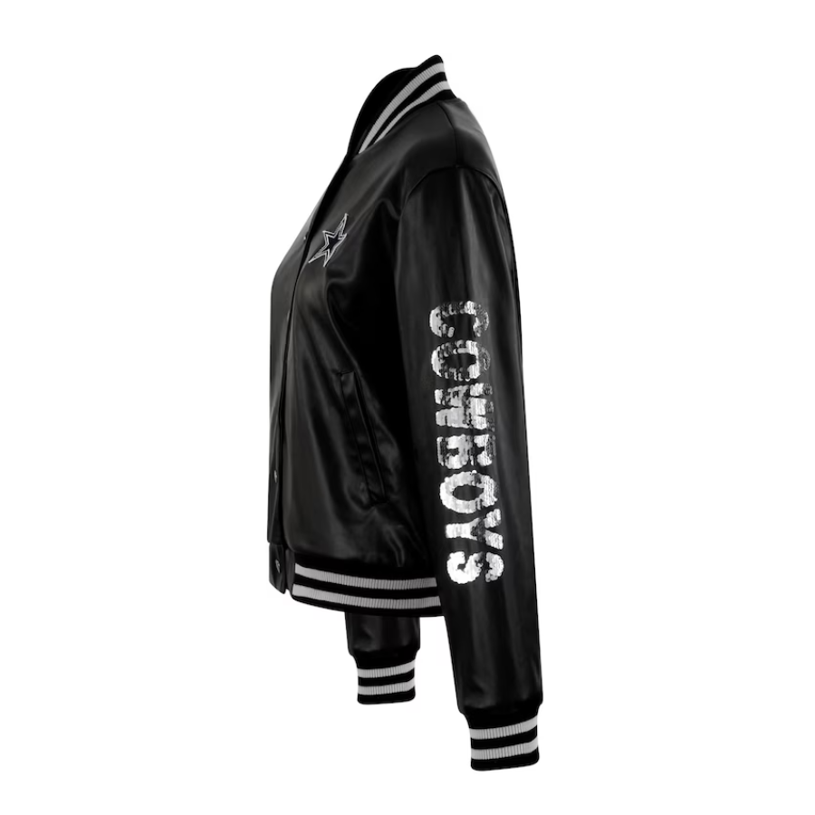 Dallas Cowboys Woman's Metallic Bomber Black Leather Jacket - Image 4