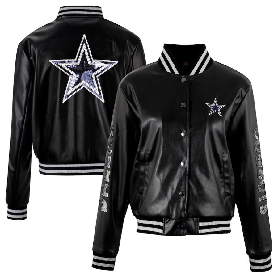 Dallas Cowboys Woman's Metallic Bomber Black Leather Jacket - Image 5