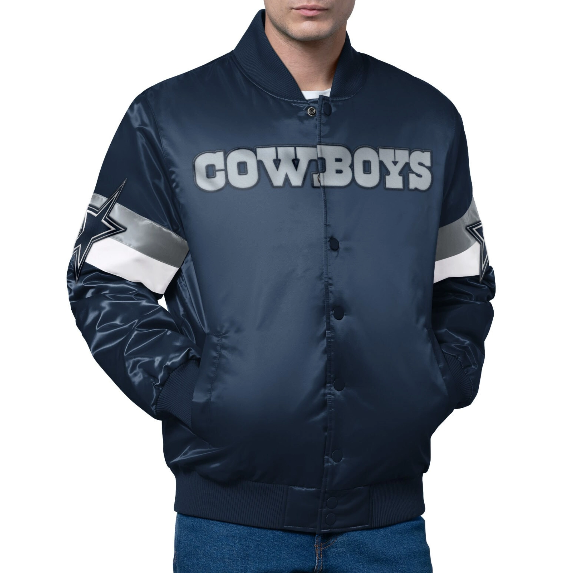 Dallas Cowboys Triple Option Navy Satin Varsity Jacket