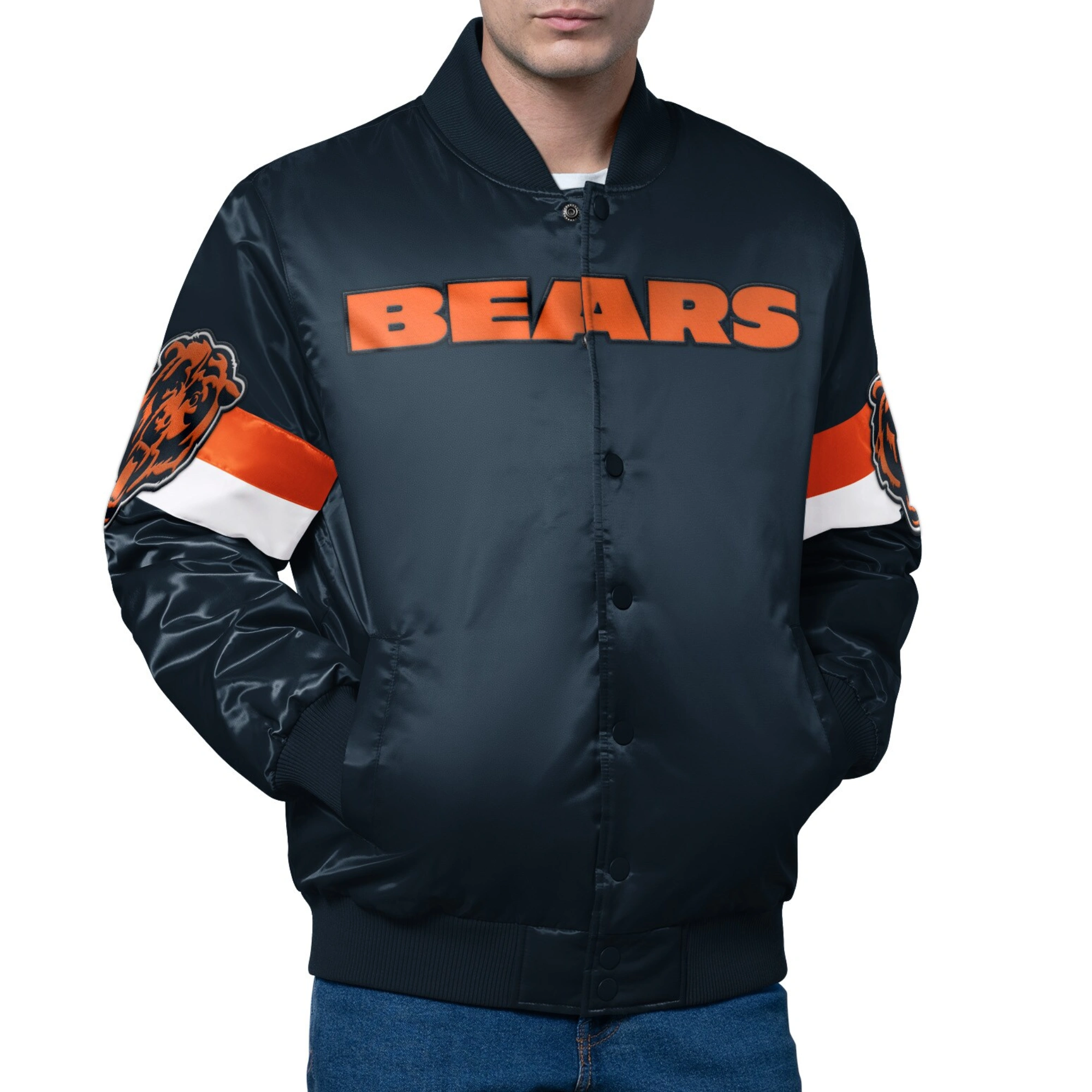 Chicago Bears Triple Option Navy Satin Varsity Jacket