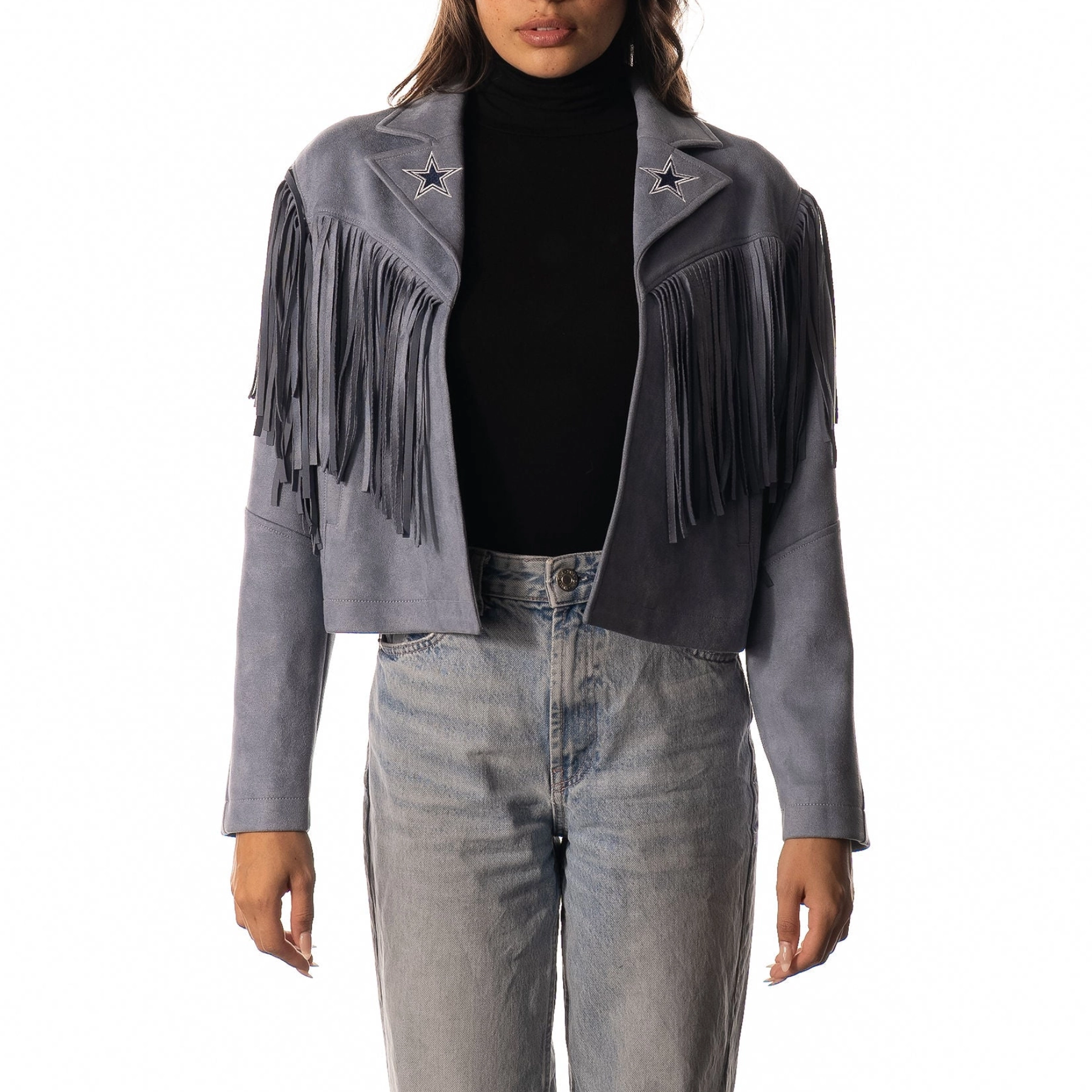 Women’s Dallas Cowboys Fringe Blue Leather Suede Jacket
