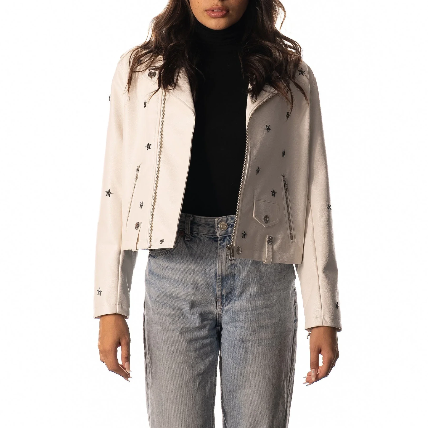 Dallas Cowboys Women’s Moto Full-Zip White Leather Jacket