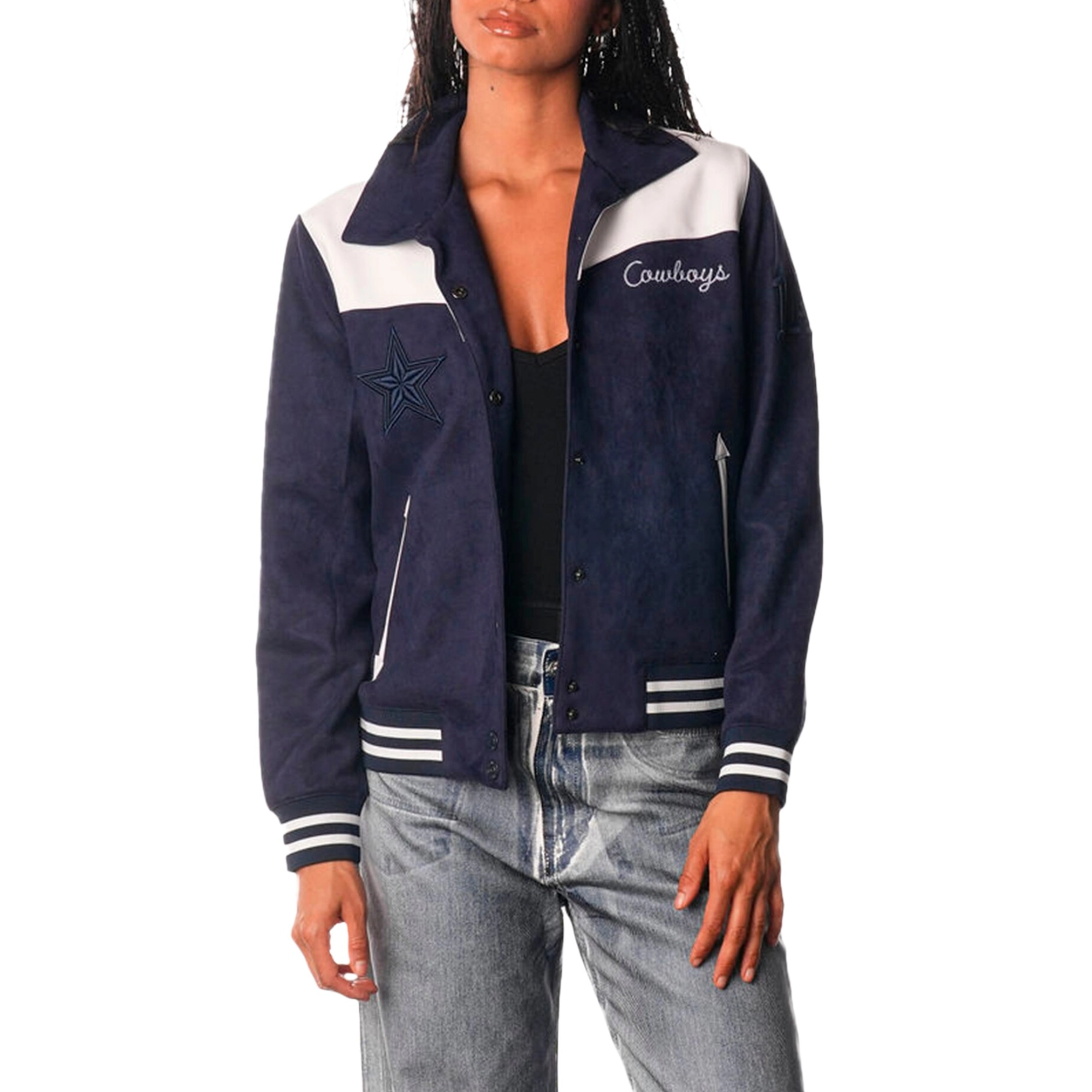 Dallas Cowboys Women's Suede Full-Snap Navy Bomber Jacket