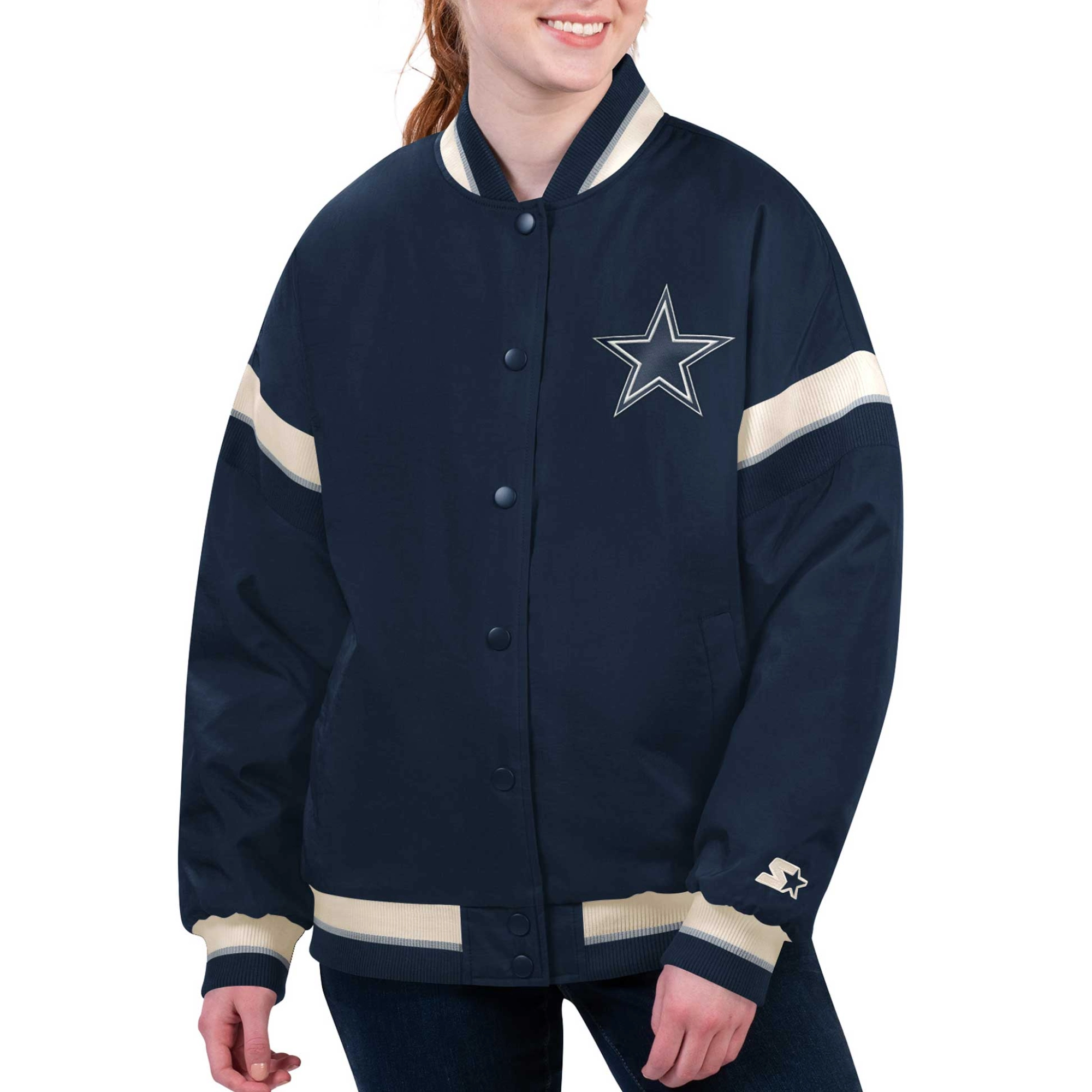Dallas Cowboys Women's Tournament Navy Satin Varsity Jacket