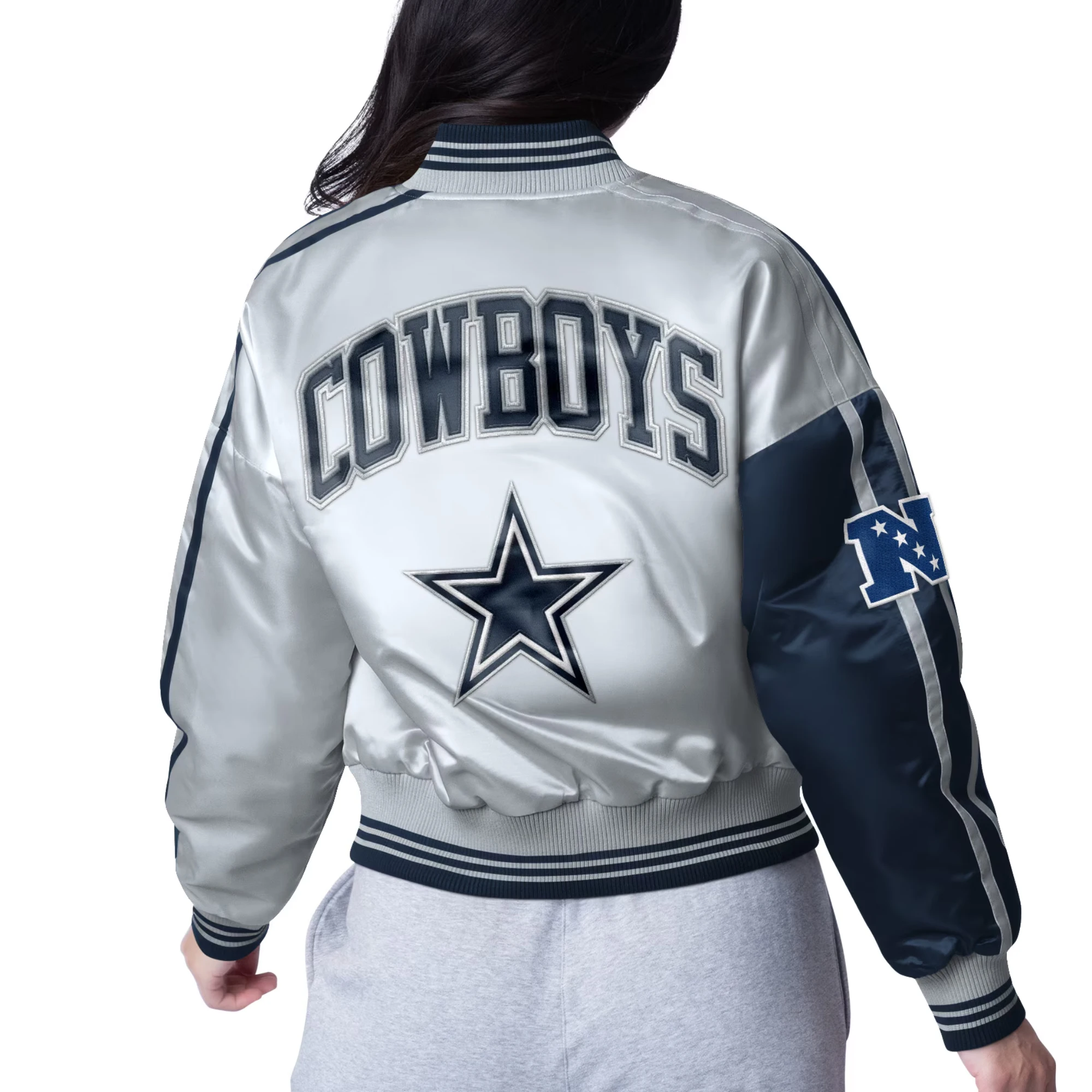Alternative view of Dallas Cowboys Women's Zone Blitz Cropped Navy/Silver Satin Jacket