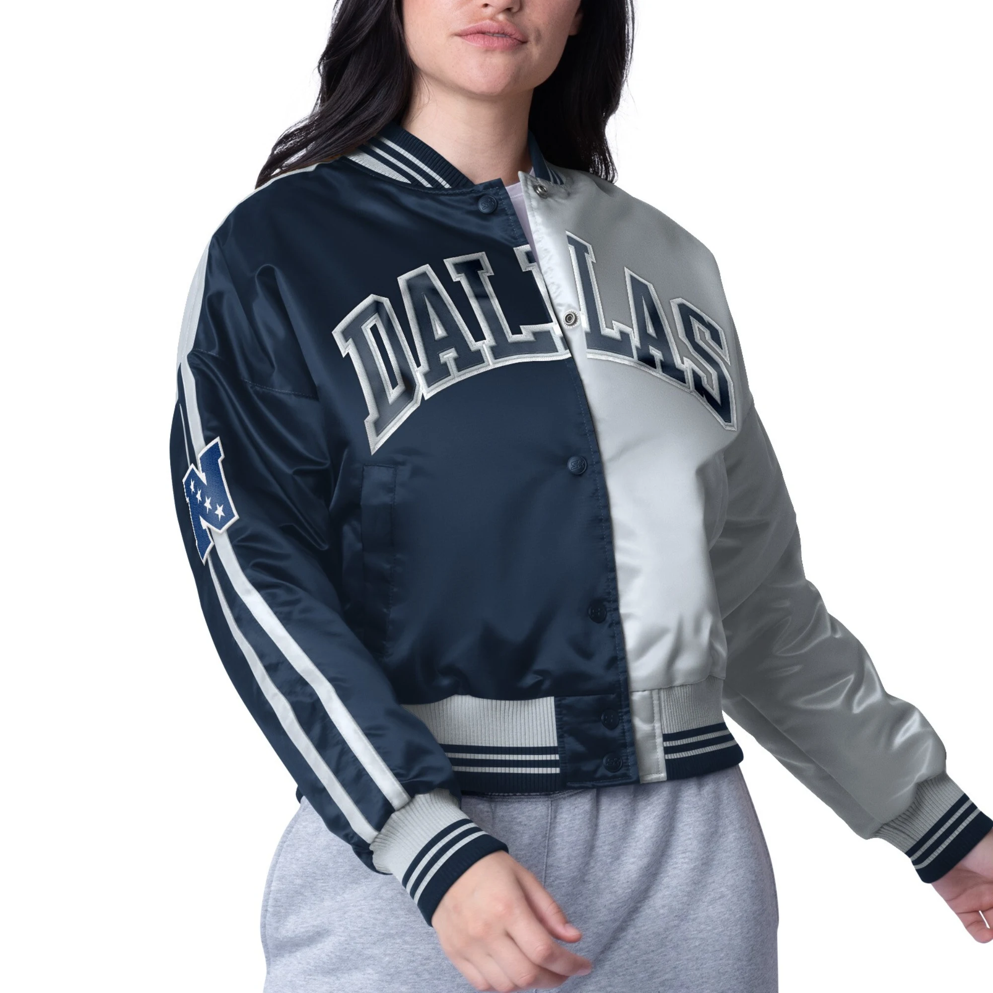 Dallas Cowboys Women's Zone Blitz Cropped Navy/Silver Satin Jacket