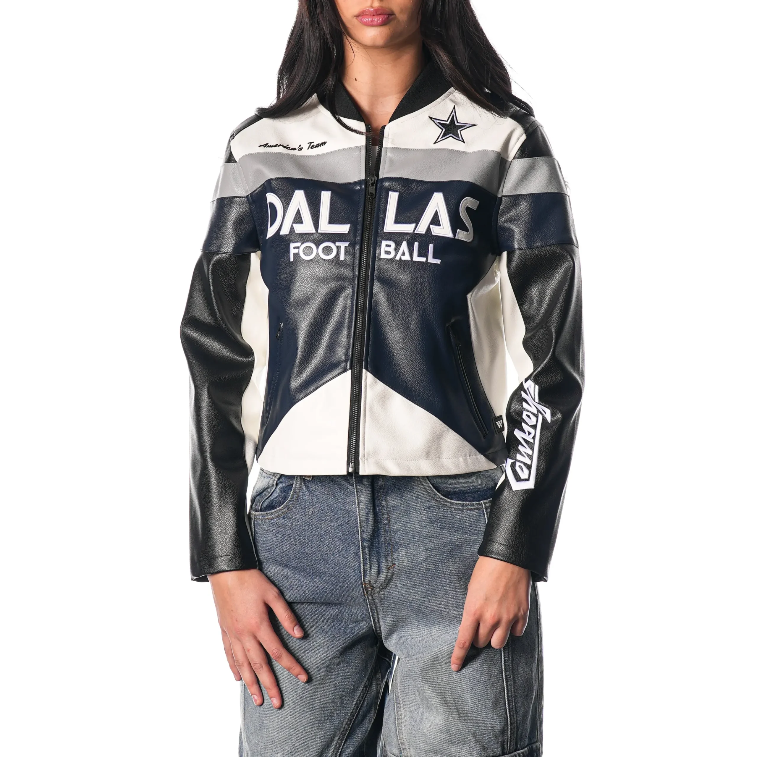 Dallas Cowboys Women’s Moto Full-Zip Black Leather Jacket