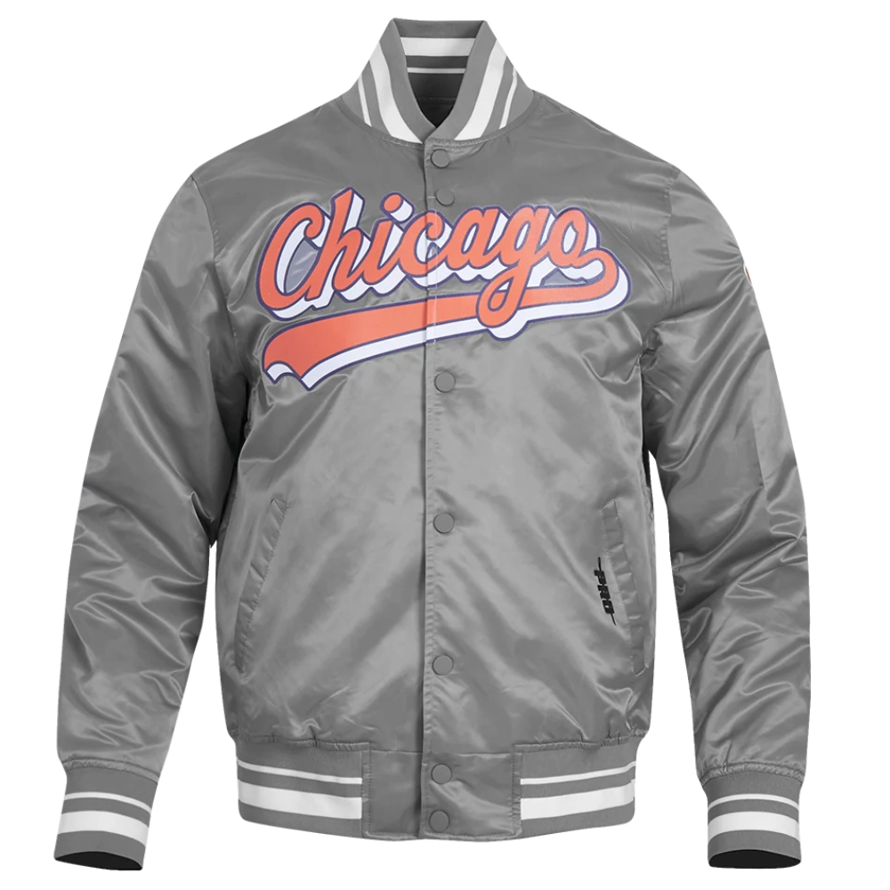 Chicago Bears Script Tail Gray Satin Jacket