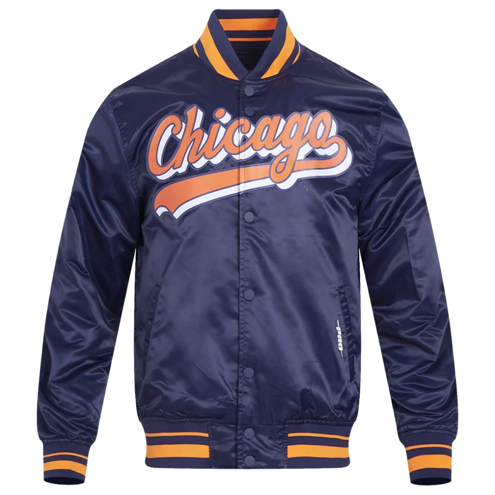 Chicago Bears Script Tail Navy Satin Jacket